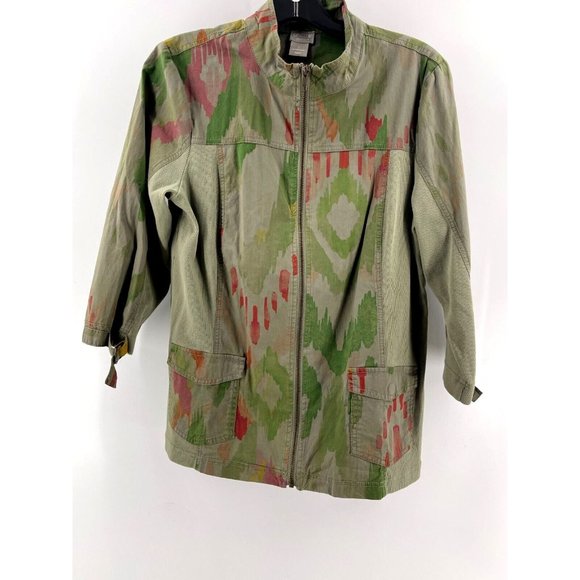 Chico's Jacket Zenergy Olive Green Zip Up Lightweight Medium Size 1 Splatter - Picture 4 of 11